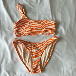 One shoulder orange zebra triangl swim suit and bag!